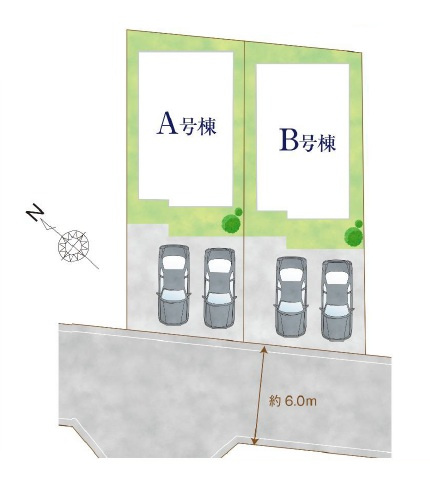 狭山市水野・全2棟　新築一戸建　B号棟　～大型パントリー～の区画図|駐車がしやすい前面道路広々6ｍ、カースペースは並列2台分ございます。