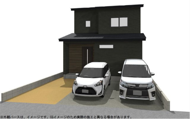 南万々　建築条件付き　売土地　B号地（全4区画）の外観パース|Ｂ号地　プラン例　建物価格　2,180.495万円　建物面積　87.77㎡（約26.54坪）