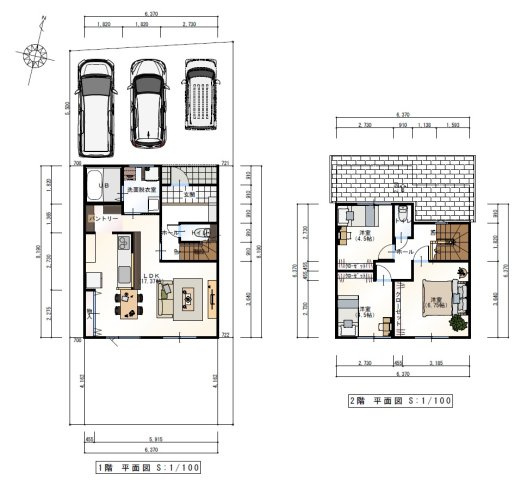 南万々　建築条件付き　売土地　B号地（全4区画）の完成予想図|Ｂ号地　プラン例　建物価格　2,180.495万円　建物面積　87.77㎡（約26.54坪）