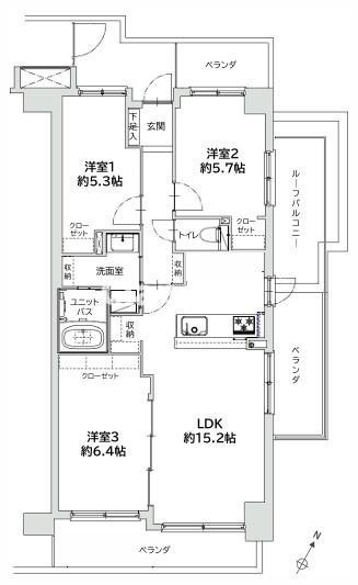 ベルシャトゥ谷塚の間取り|南東角部屋、ルーフバルコニー・三方向ベランダにつき日当たり・通風良好
スーパー・公園など生活施設が充実で便利な住環境