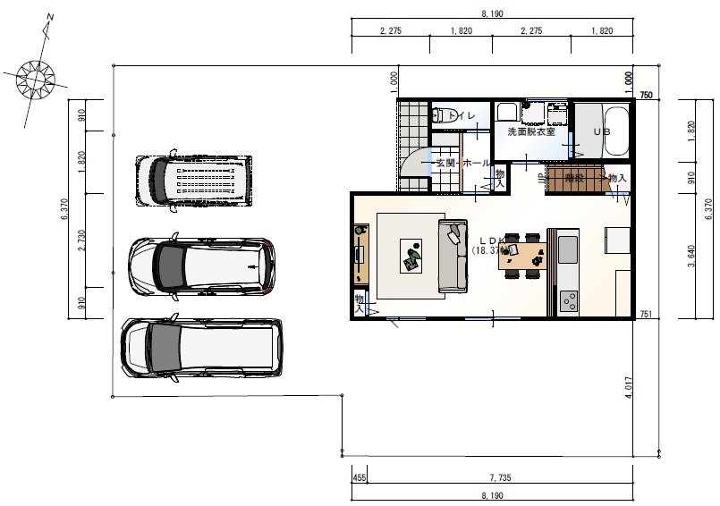 南万々　建築条件付き　売土地　D号地（全4区画）の区画図|Ｄ号地　プラン例　建物価格　2,137.854万円　建物面積　86.11㎡　（約26.03坪）
