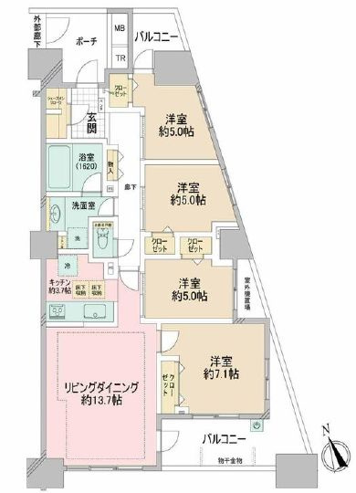 イニシア千住曙町の間取り|全室収納付き・4LDK。南西向き・3方角部屋につきまして日当り・通風・眺望良好。