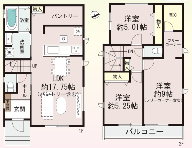 【間取り】 | 加古川市平岡町高畑（全1棟）A号棟 | 3LDK+パントリー＋WIC＋フリーコーナーです。