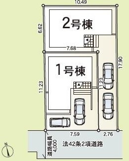 【区画図】 | 平塚市田村8丁目  2号棟 | 2号棟　旗竿地（間口約2.7ｍ）　南側約4ｍ公道（セットバック済）　駐車2台（車種によります）　敷地面積30.4坪（路地状部分含む）