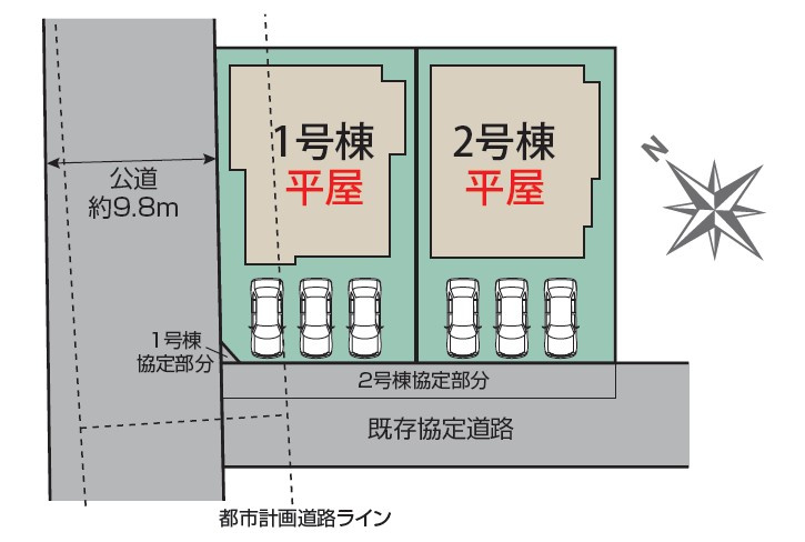 新築　桐生市相生町1丁目　2号棟　Blooming Gardenの区画図|全2区画の2号棟です。土地約75坪（協定道路含む）。