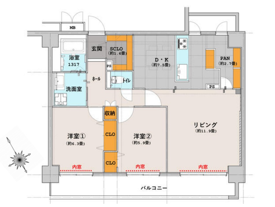 グランドメゾン菊坂町の間取り|2LDK　専有面積76.35㎡、フルリノベ済！