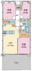 テラス付きの3LDKの暮らしやすい間取です