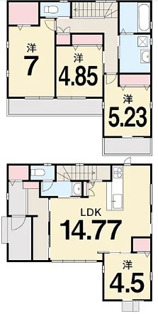 高知市朝倉丙F号地 新築一戸建ての間取り|LDKと続き間の4.5帖洋室が使いやすい一邸。2階は3部屋＋バルコニー2カ所で、洗濯動線もスムーズ◎