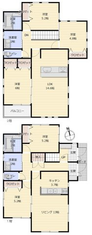 厚木市三田南２丁目二世帯住宅の間取り|【ゆとりの５ＬＬＤＤＫＫ】
１・２階それぞれにＬＤＫと水回りを完備した分離型の２世帯仕様！親世帯との同居も、お互いのプライバシーをしっかり守りながら気兼ねなく暮らせる１３４．４４平米です。