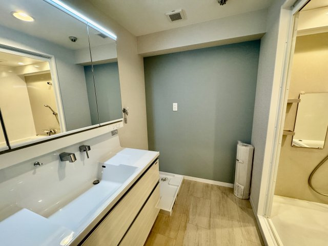 朝日プラザシティ・サザンパーク二番街の独立洗面台|3面鏡付き洗面化粧台。R4年頃入れ替え済。