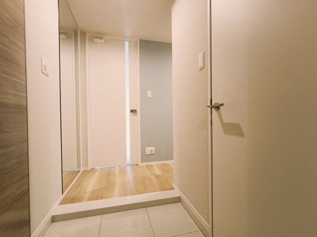 ミスモ天神の玄関|【分譲仕様】大型シューズボックスも有り、ホールには姿見ミラー付き、フットライトが明るくお洒落感を演出♪これだけあれば安心！靴もたくさん収納できます♪