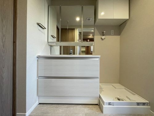 【独立洗面台】 | エクレール福岡東 | 三面鏡裏収納付で、散らかりがちな洗面回りもすっきりと片付きます。勝手口付きで換気がしやすいです