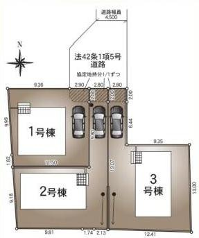 野田市中野台第13　新築戸建　3号棟の区画図|北側約8.5ｍ位置指定道路