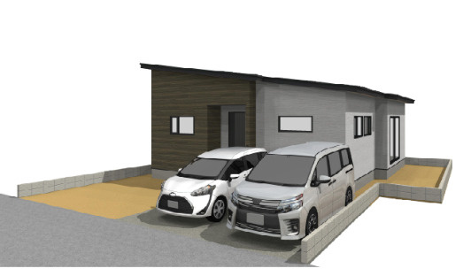 「おしゃれな平屋」高知市南万々D号地　新築一戸建ての外観パース|駐車スペースも広くゆったりと佇む平屋♪