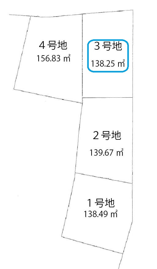 鴨部　建築条件なし　売土地　3号地（全4区画）の区画図|3号地　土地面積　138.25㎡　（約41.82坪）