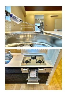 【キッチン】 | 新大橋マンション | 【キッチン水栓】キッチン水栓はシャワーヘッドが伸びますのでシンクの隅々まで届きます。【三ツ口コンロ】奥様に好評な三ツ口コンロと魚焼きグリルです。