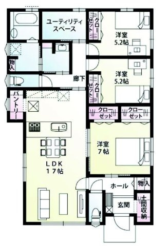 前橋市下細井町（平屋）2号棟　新築住宅の間取り|人気の平屋住宅！収納充実♪3LDKで陽当たり良好な間取りです！
土地面積201.11㎡、建物面積94.40㎡で十分な広さです！