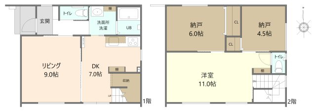 長久手市岩作中島戸建の間取り|2階に3室（洋室、納戸×2）　2部屋の納戸については、エアコンの設置も可能です！