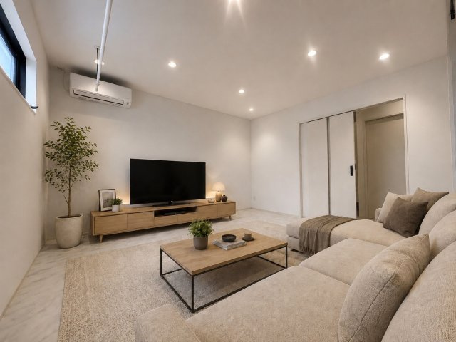 長久手市岩作中島戸建の居間・リビング|白を基調とした開放感あるリビング。床補強済みで重量物の設置も可能な多用途空間です。
※画像加工によりバーチャルステージングを行っております。