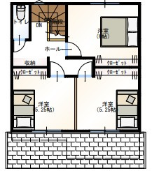 野市町西野　東棟（建築条件付き）売土地の参考プラン|全室にクローゼットを配置。主寝室＋洋室2部屋の使いやすい2階プラン