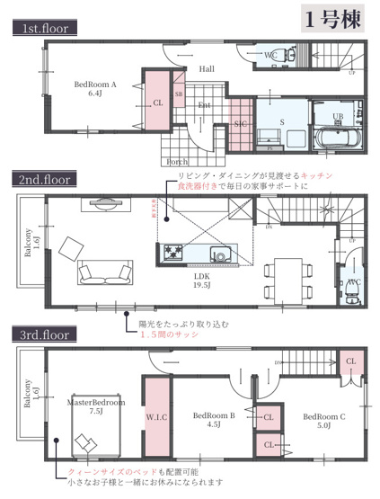 【間取り】 | 東大阪市菱屋西5丁目　【1号棟/全2棟】 | 【1号棟】全洋室4LDK♪LDK広々19.5帖！食洗機・浴室乾燥機完備☆SIC＆WICあり♪地盤20年保証、建物10年瑕疵保険付き☆フラット35S利用可能です☆