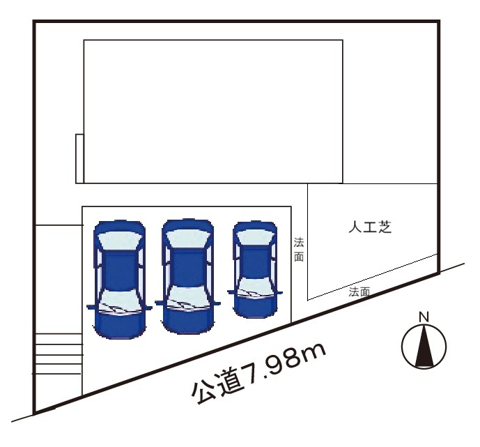 小牧市大字本庄字郷浦　新築戸建の区画図|駐車場並列３台可。（車種による）
人工芝のお庭あり。