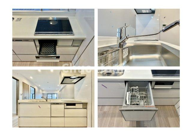 グランロイヤル曳舟のキッチン|【システムキッチン】ワイドで収納豊富な使い勝手の良いカウンターキッチンには、食洗器や伸縮タイプのキッチン水栓、三ツ口コンロ・魚焼きグリルなどの便利な設備が標準完備されています。