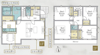 【間取り】 | 海老名市河原口2丁目  1号棟 1期 | 4LDK　二部屋から行き来できる南向きバルコニー　網戸標準仕様　シャッター2箇所付　食洗器・浄水器　浴室乾燥機+窓　全居室収納（WIC1箇所）　パントリー　SIC　LDK20帖