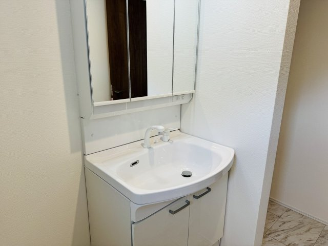 八王子市　上柚木　新築一戸建て　１期の独立洗面台|～３面鏡付きの独立洗面台　細々している物をスッキリ収納出来ます～