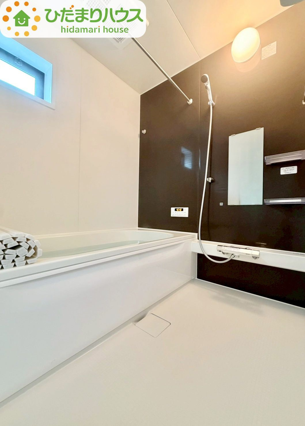 野田市山崎23期　新築戸建　1号棟の浴室|清潔感のある浴室は自分一人のリラックス空間を演出してくれます。もちろんお子様と一緒でも十分な広さがあり快適です(^^♪											
