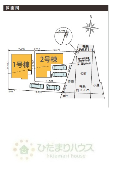 野田市山崎23期　新築戸建　1号棟の区画図|東側約6.8～約15.5ｍ公道
