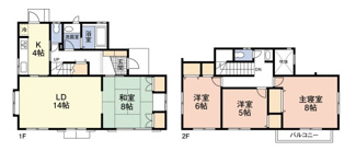 【間取り】 | 東金市季美の森東１丁目　中古戸建　JR外房線【大網駅】 | この物件は、1階に14帖の広々としたLDと8帖の和室が隣接する開放的な4LDKです 。2階には主寝室を含む3部屋があり、全居室に収納を備えた機能的な間取りです 。