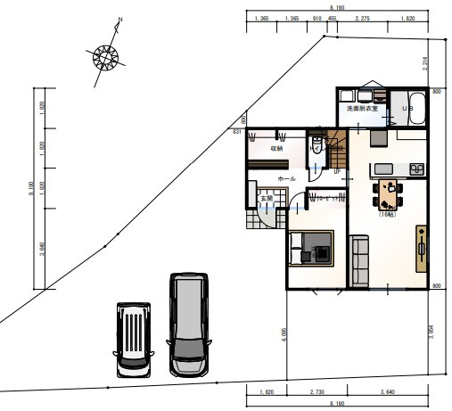 高知市神田コモデン（建築条件付き）売土地の参考プラン|車の出し入れがしやすい駐車計画と、生活動線に配慮した1階プラン