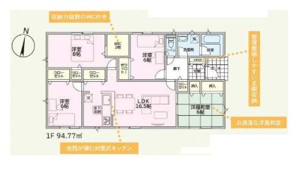 クレイドルガーデン前橋市粕川町新屋第１　２号棟（平屋）の間取り|収納充実♪南向きの4LDKで陽当たり良好な間取りです！
土地面積253.12㎡、建物面積94.77㎡で十分な広さです！