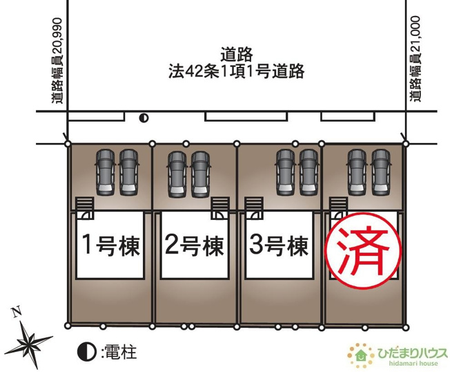 【区画図】 | 龍ケ崎市城ノ内第9　新築戸建　3号棟 | 時間がない時もらくらくと車の出し入れができる並列駐車場を完備！！
（3号棟）