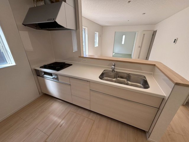 【商談中】クワイエ　大垣市平町第２　全4区画分譲のキッチン|お手入れがラクなステンレスをワークスペース部分トップに使用した、機能的で美しいシステムキッチンです。
浄水器組込み水栓でシンクまわりがスッキリ広々お使いいただけます。フラットな造りでお掃除も楽々です。