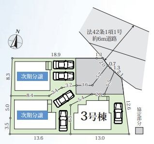 【区画図】 | 南区磯部 3号棟 14期 | 3号棟　北東側道路　カースペース１台（車種による）　協定地有り