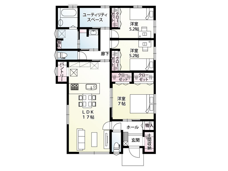 新築　前橋市下細井町　全2区画　2号棟の間取り|建物面積28.56坪　3LDK+ユーティリティスペース付き平屋！