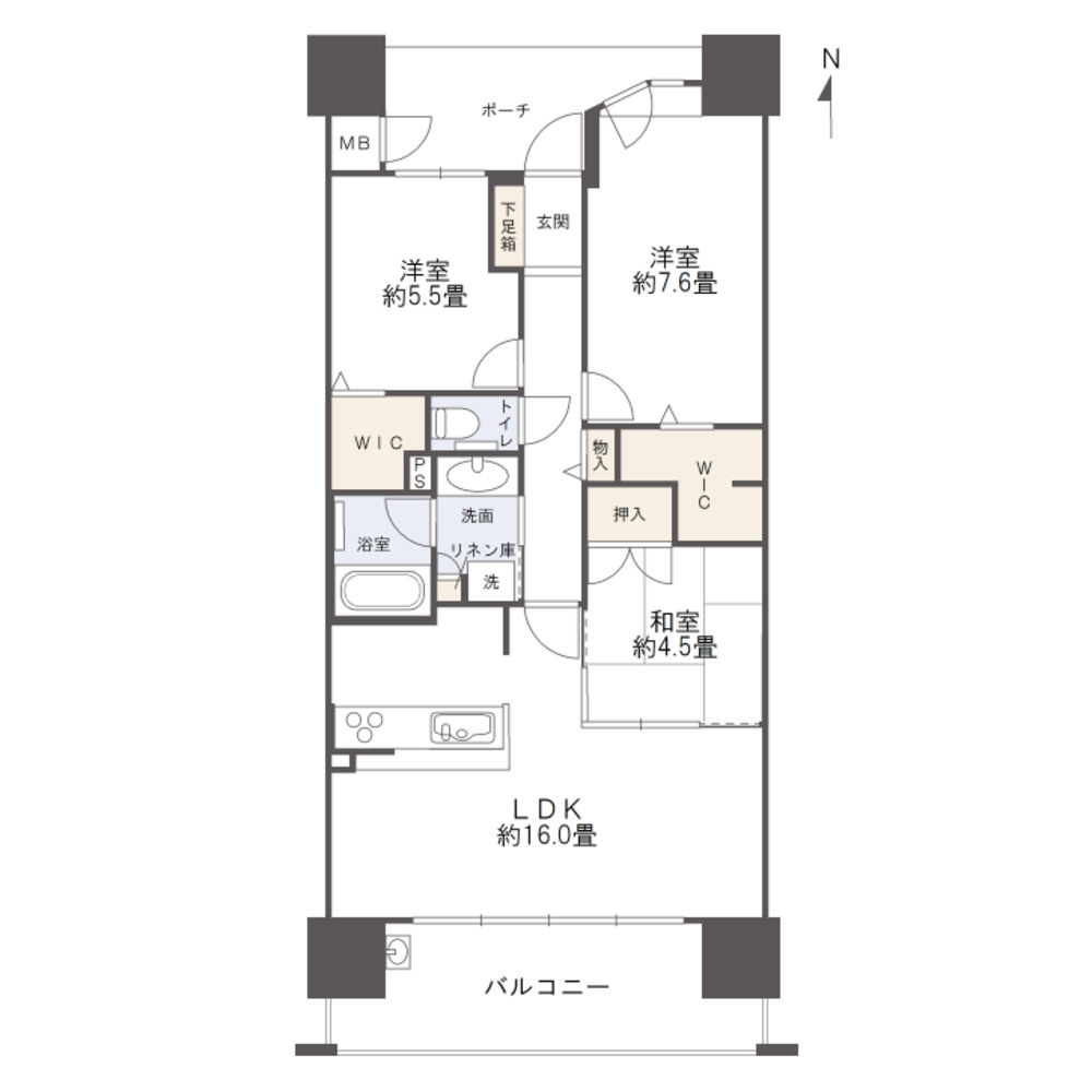 アウルステージ東島田の間取り|専有面積：76.06㎡、3KDKの間取りです。9階のため、日当眺望良好です。