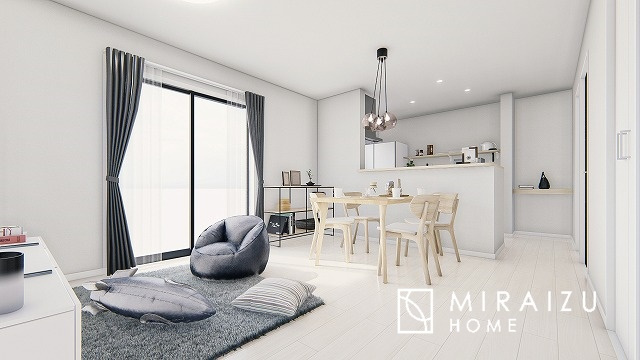 【完成予想図】 | 陽当たりが心地の良いリビング空間です。日中はカーテンを開けて自然な光を取り込みリラックスして過ごしたいですね、照明器具もセンスの良いものを使いたいですね。