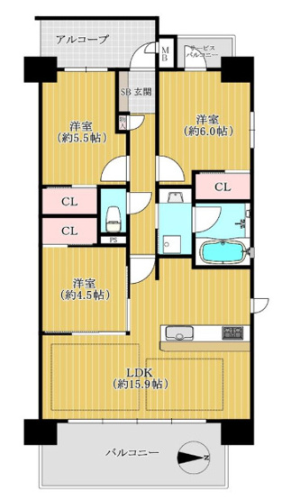 【間取り】 | エスリード小阪ミッドゲート | 三方角住戸☆【全洋室3LDK＋東向きバルコニー☆】室内クリーニング済み☆LD2面に床暖房・食洗機・浴室乾燥機完備です☆