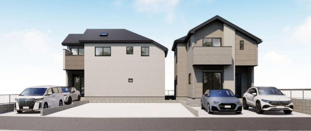 松戸市緑ケ丘２期　全２邸の外観パース|ご家族の帰りを温かく迎えるマイホーム。同じ時期に新生活を始めるファミリーがご近所にいらっしゃるのは心強いですね。※イメージ画像