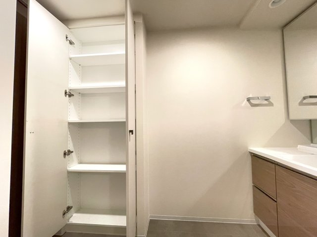 プレミスト京都西院の独立洗面台|洗面所にはリネン庫があります。