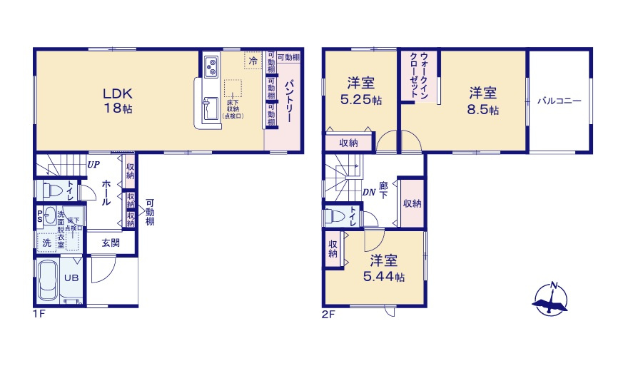 リーブルガーデン  ひたちなか田宮原　1期　2の間取り|　
☆LDKゆったり18帖、全室二面採光で明るく、通風も良好です。1.2階廊下にも収納スペース、人気のキッチンパントリーも配備♪