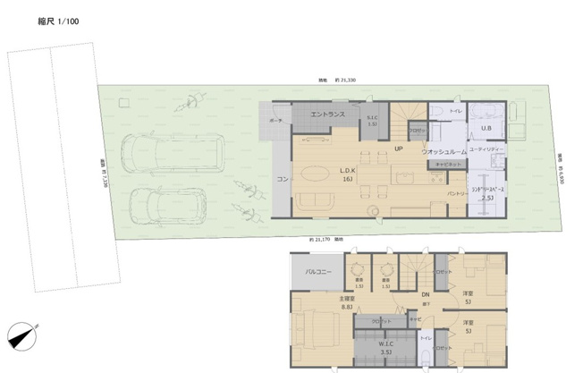 土地図面＋建物プラン例です！
土地が広々しているので自由自在な二階建てを考えれます！