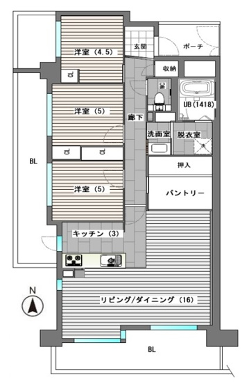 【間取り】 | レジオン八尾 | 最上階！南西角住戸！デザイナーズフルリノベーション物件！LDKゆったり約19帖！全洋室3SLDK♪2面バルコニー☆玄関ポーチ付き☆全居室バルコニーに面す☆キッチン勝手口付き♪食洗機・浴室乾燥機完備☆