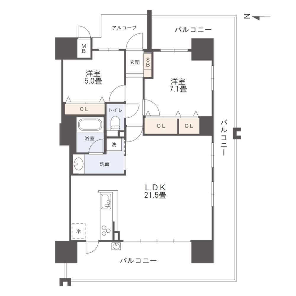 アルファステイツ西川緑道公園の間取り|LDKは21.5帖あります。角部屋の三面バルコニーのため、日当り良好です。