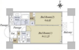 【間取り】 | シティタワー銀座東 | 銀座圏を使いこなす築浅免震タワー。寝室とワークスペースを明確に分けられる1LDK。