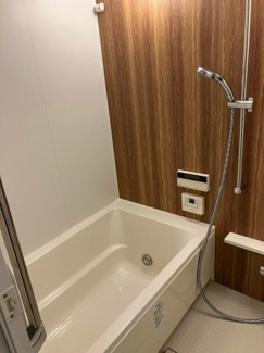 【浴室】 | シティタワー銀座東 | 木目調のアクセントパネルが落ち着いた高級感を演出する浴室です。ゆったりとした浴槽に加え、機能的なスライドバー付きシャワーを完備。築浅ならではの清潔感あふれる空間で、上質なバスタイムを過ごせます。