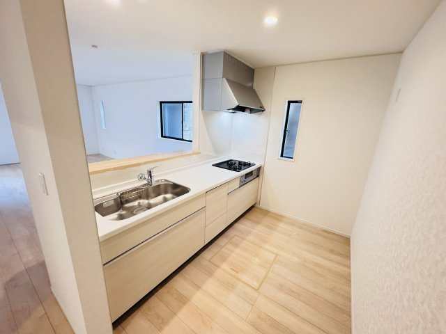 柏市布施新町４丁目新築戸建（布施新町第３）のキッチン|広々システムキッチン・シンクの水栓には浄水器がついてます！